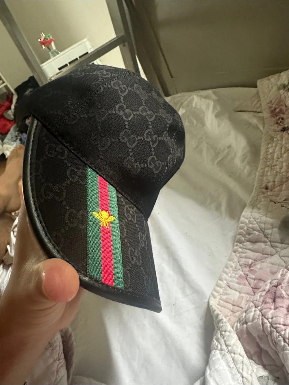 Gucci Black GG Canvas Cap with Green-Red Stripe and Gold Bee